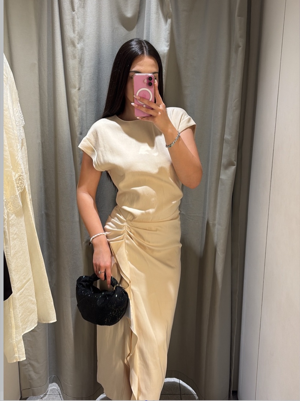 Zara Cream Ruching Maxi Skirt with Side Ruffle